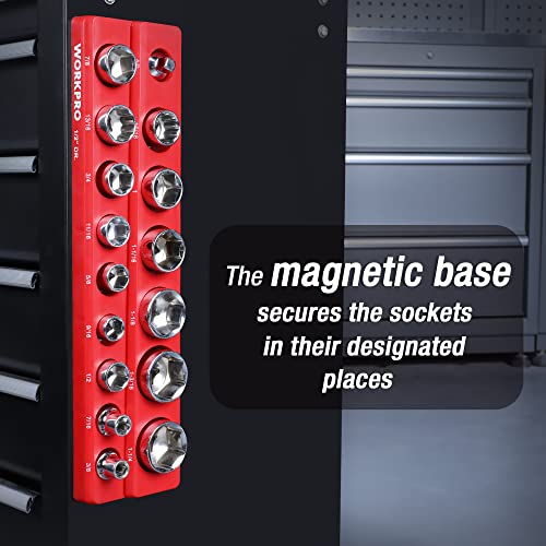 Image of WORKPRO Magnetic 1 /2-Inch SAE Socket Organizer - Holds 16 Standard & Deep Size Sockets