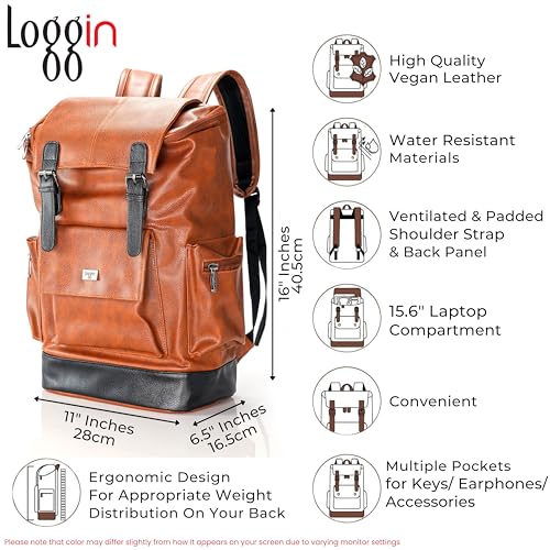 Image of LOGGIN 15.6 Inch Unisex Laptop Backpack for Men & Women | Premium Vegan Leather Water-Resistant Bag | Stylish Office, College & Travel Backpack with Anti Theft Design Multiple Pockets