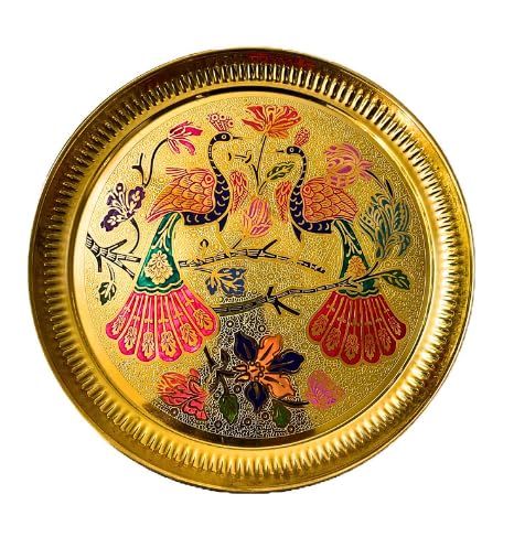 Decorative Peacock Brass Thali Plate Brass Thali Prasad Plate for Pooja Utensils Indian Traditional Festival Housewarming Decorations and Home Decor(Size:- 8
