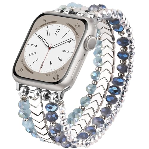 VISOOM Beaded Strap Compatible with Watch Strap 38mm/40mm/41mm/42mm(S10), Arrow Beads Jewelry Elastic Replacement iWatch Band for Series 10/9/8/7/SE/6/5/4/3/2/1 Women,Blue-Silver