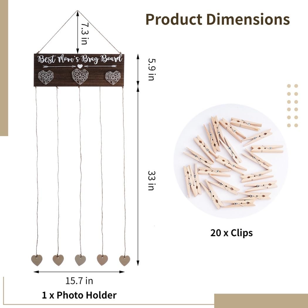 Wooden Wall-Mounted Picture Holder with 20 Clips, Rustic DIY Photo Display Frame, Hanging Ropes & Heart Decorations