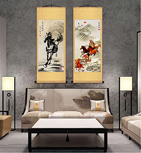 Uxowoxu Chinese Style Office Wall Art - Wishing You Every Success Horses Picture Silk Prints Scroll Painting - Opening Ceremony Gift Ready To Hang #TOP1