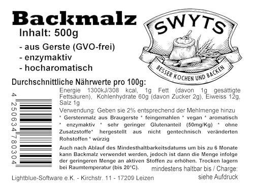 Backmalz 500g - aus Gerste, enzymaktiv - backen wie die Profis mit Qualität aus Deutschland von SWYTS - mind. 6 Monate haltbar