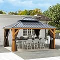 LUXIJOY 13x15 Wood Gzebo, Outdoor Hardtop Gazebo with Netting and Curtains, Double Galvanized Steel Roof, Deck Hard Top Gazebo for Backyard, Patio (Brown)