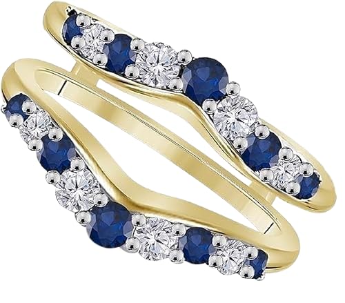 Purvika Jewels 2CT Round Cut Blue Sapphire & Diamond Double Row Engagement Wedding Wrap Enhancer Ring, 14K Yellow Gold Finish, 925 Sterling Silver (white, 4)