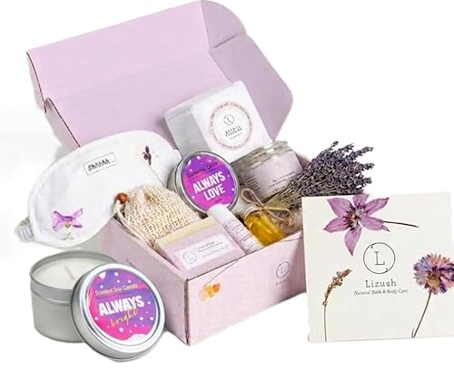 Lizush Luxury Spa Gifts for Women – 7 Piece Lavender Gift Set with Candle, Gift Baskets for Women, Body Care Set for Mom, Birthday Box, Relaxation & Self Care Spa Kit for Wife – Handmade in the USA