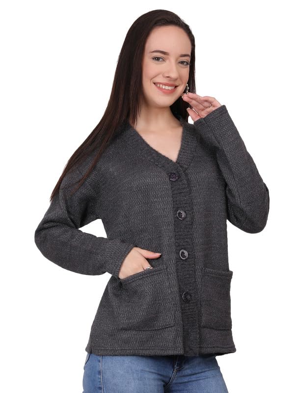 Image of MANRA Women's Woolen V-Neck Buttoned Full Sleeve Cardigan Self Design Soft Wool Fabric Winter Wear Pure Wool Sweater Fully Warm, Front Pockets Cardigan