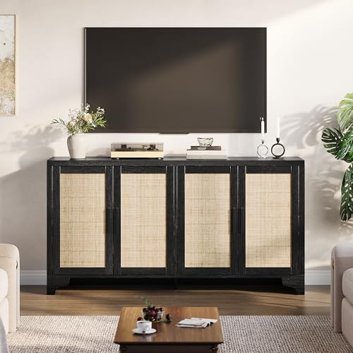 GarveeHome 4-Door Sideboard Buffet Cabinet, Natural Rattan Storage Cabinet, Boho Entryway Console Table, Coffee Bar Station for Dinning Room, Living Room, Kitchen, Black