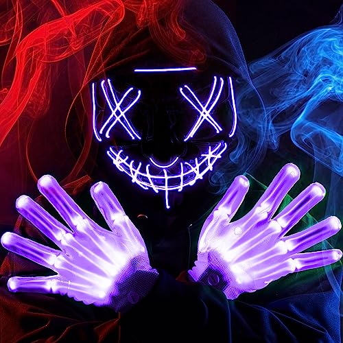 Image of JOYIN Halloween Led Mask, Light Up Mask and Gloves for Cosplay Costume (Purple), 3 Modes Scary Glow in The Dark Masks for Boys Girls Halloween Party Dress Up Accessories, Gifts Giving