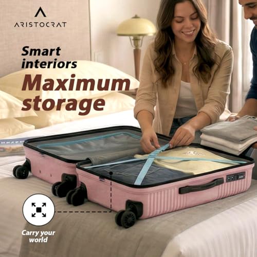 Image of Aristocrat Crystal Check-in Trolley Bag 66cm | Medium Hard Luggage | 8-Wheel Suitcase for Travel | Combination Lock with Anti-Theft Zipper | Polypropylene | 3 Years International Warranty (Pink)