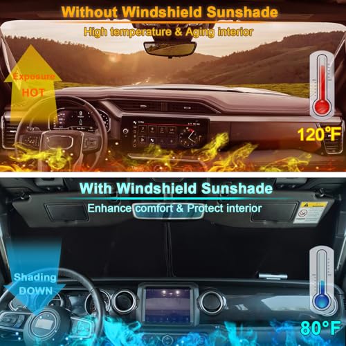 Image of Premium Windshield Sun Shade for 2018-2026 Jeep Wrangler JL JLU & 2020-2026 Jeep Gladiator, Reflective 310T Material Front Window Sun Visor Blocks UV Rays Foldable Sunshade with Storage Pouch