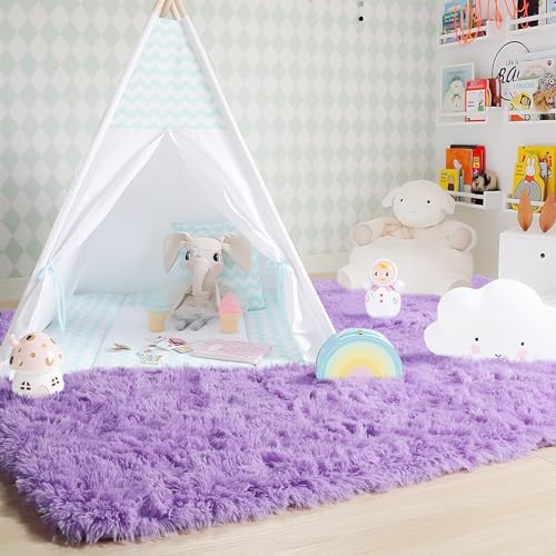 Light Purple Rugs for Bedroom Girls Room Decor Aesthetic, Cute Fluffy Shag Lavender Area Rug 4x6 for Living Room Dorm Classroom Nursery, Furry Plush Fuzzy Soft Throw Lilac Carpet for Kids, Baby, Teen