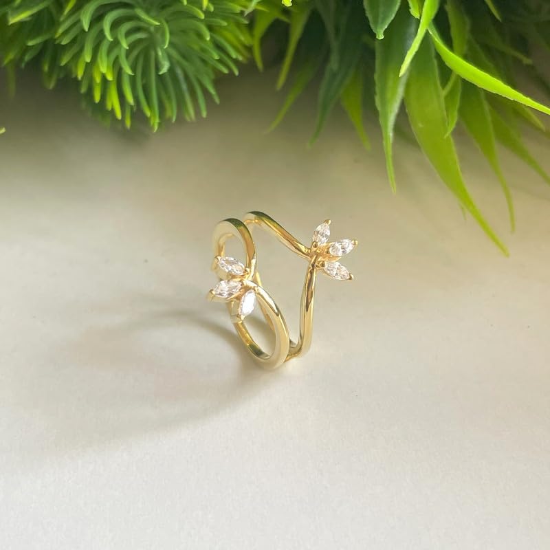 3-Stone Marquise Cut White Diamond Chevron V Shape Enhancer Guard For Women, 14K Gold Plated 925 Silver April Birthstone Diamond Chevron V Shape Enhancer Wrap Guard Matching Band