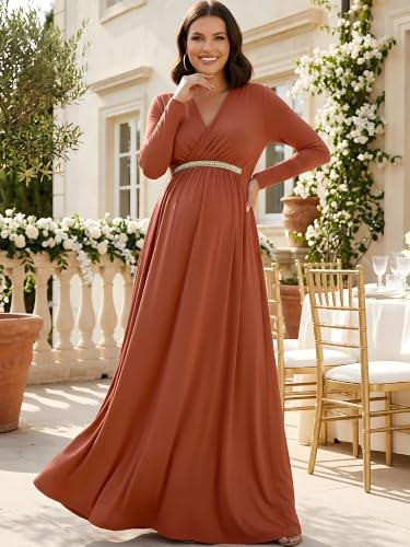 Image of KOH KOH Womens Maternity Long Sleeve V-Neck Flowy Winter Maxi Dress Gown