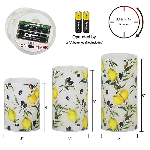 Image of Flameless Pillar Wax Candles with 6 Hour Timer Battery Operated 3 Packs Lemon Decals LED Flickering Candles Yellow Light Holiday Wedding Spring Home Decoration Candle(3 x 4, 5, 6 Inches)
