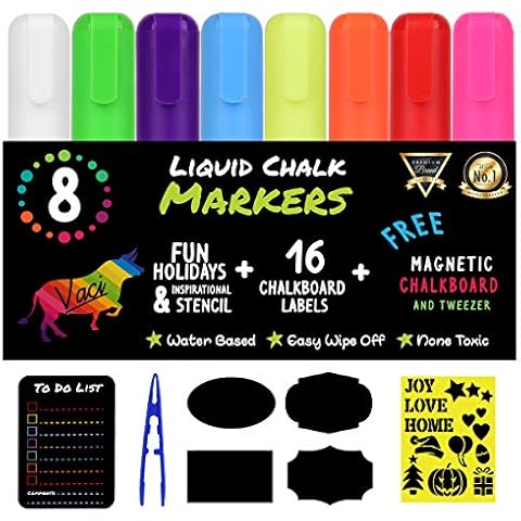 Vaci Markers 8 Multicolored Liquid Chalk Markers with Magnetic Blackboard, Stencils & Labels | Erasable, Non-Toxic, Water-Based | 6 mm Reversible Tip | On Windows, Glass & More | Kids & Adults Cover