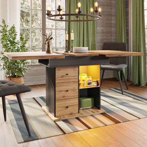 Merax LED Extendable Dining Table with Smart App Control Lighting, 110-140cm Telescopic Dining Table with Storage Drawers & USB Port, Space Saving Kitchen Table for 4-6 People