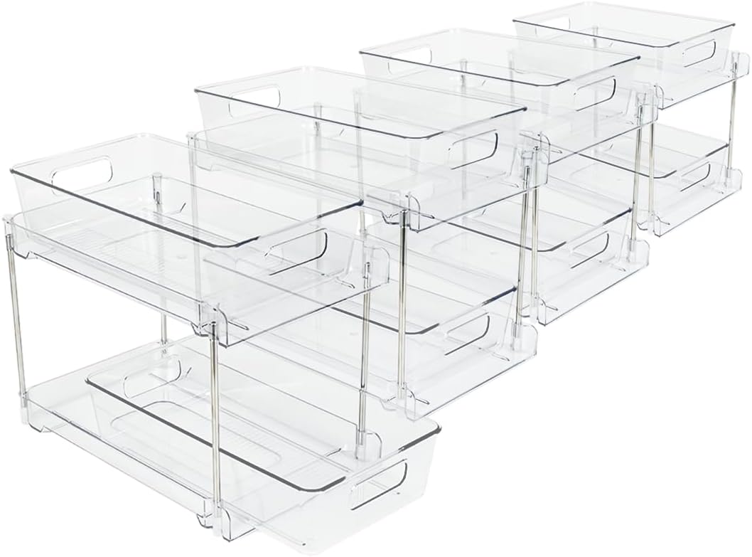 4 Pack Bathroom Organizers and Storage, 2-Tier Clear Under Sink Organizer, Vanity Counter Storage, Medicine Cabinet Organization, Pull-Out Cabinet Organizer With Track For Bathroom, Kitchen, Pantry
