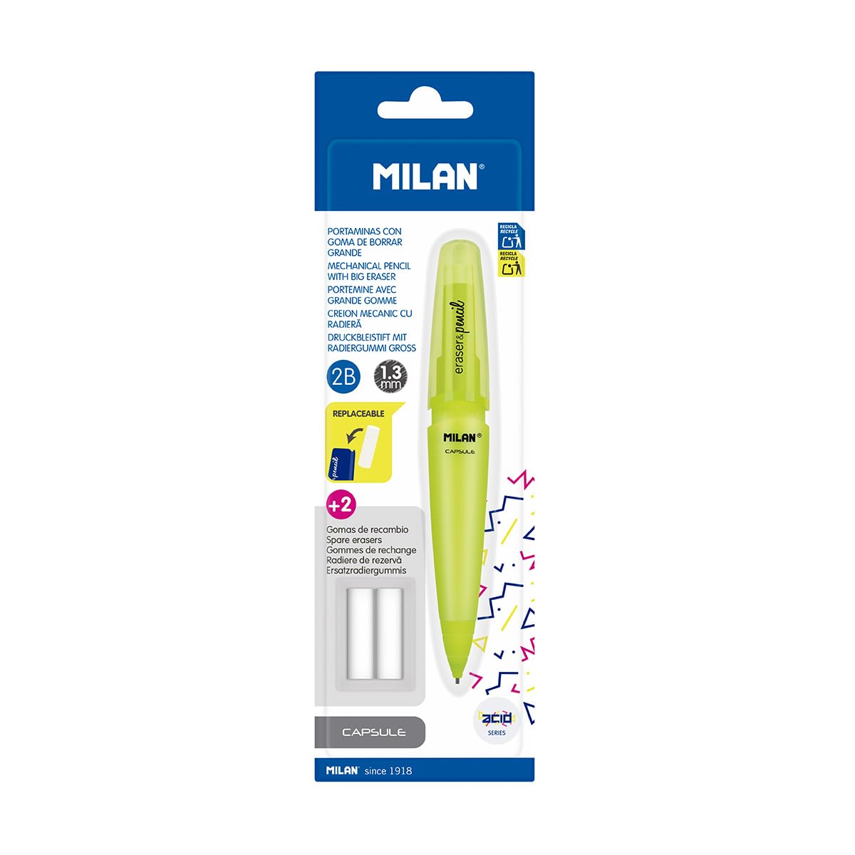 Milan BYM10306 MiLAN kapsułka fluo ołówek 1,3 mm z 2 gumowymi taśmami