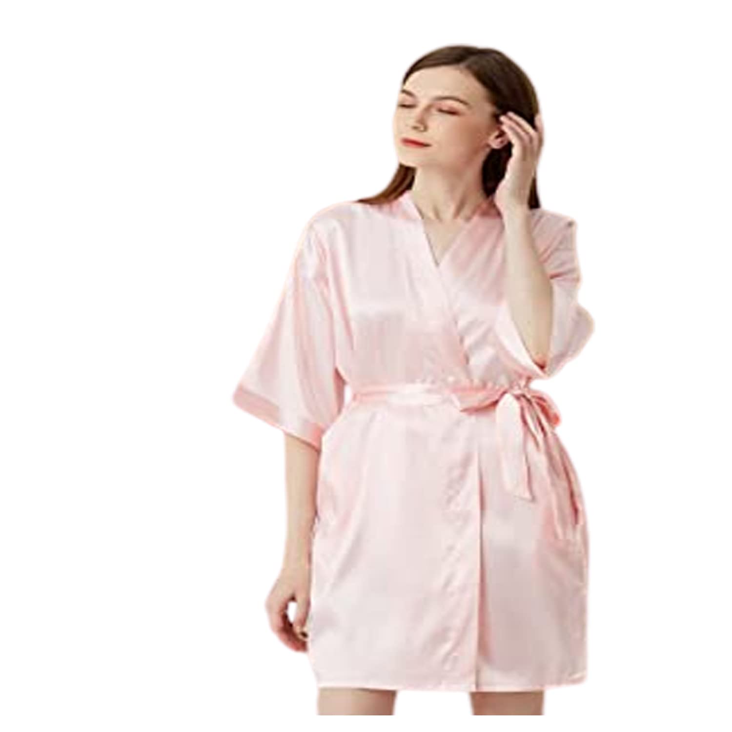 MisticWomen Satin Babydoll Belted Kimono Robe (Large, Light Pink)