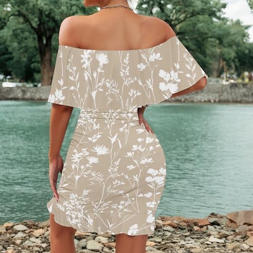 Image of PinkPatty Summer Mini Dress for Women Off Shoulder Ruffled Bodycon Dresses Short Beach Sundress