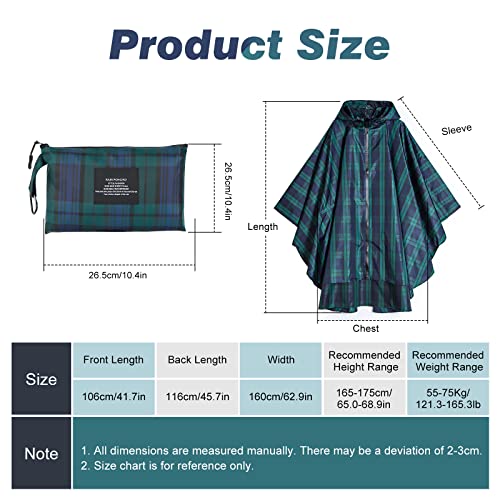 LAMA Mode Regenponcho Unisex Regenmantel Atmungsaktiv Regencape Leicht Regenjacke Regenschutzbekleidung Raincoat als Picknickdecke Sonnensegel für Herren Damen Wandern Camping Reisen, Grün kariert