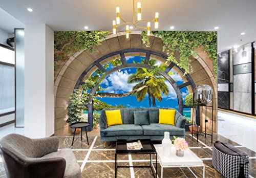 Flfk 3D Window Tropical Beach Palm Tree Peel And Stick Wall Murals Self-Adhesive Wallpaper Poster For Bedroom Living Room Interior Home Decoration 141.7X98.4 Inches #TOP4