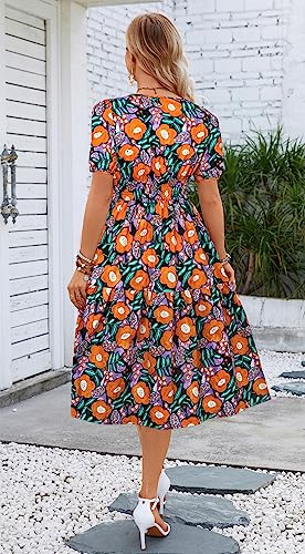 Image of Kormei Women Summer Casual Boho Floral Round Neck Short Sleeve Smocked Waist Tiered Flowy Swing Midi Dress