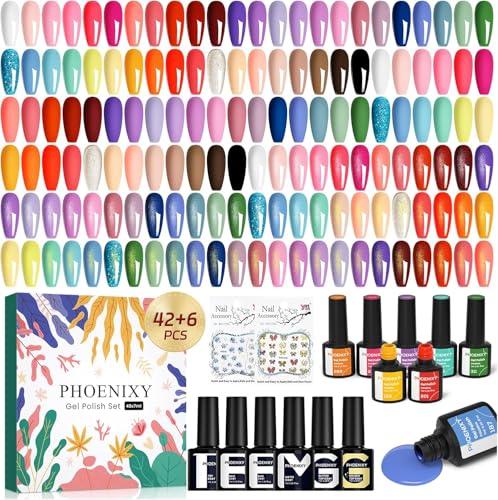 Phoenixy 48Pcs Vernis Semi Permanent 42 Couleurs Vernis Gel UV Semi Permanent avec 2 Base Coats 4 Top Coats Brillant Matt et Glitter Rose Bleu Violet Cadeaux...