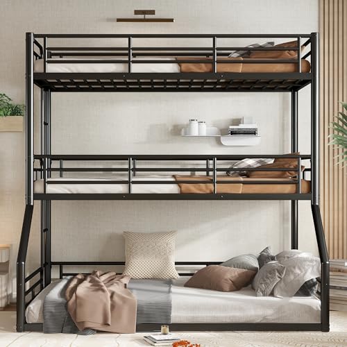 Image of Twin Over Twin Over Full Bunk Bed with Safety Guardrails, Modern Metal Triple Bed Frame for Kids, No Box Spring Required, Black