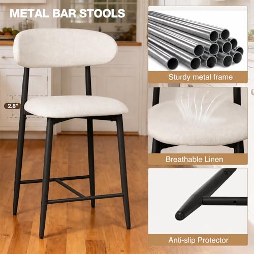 Butacos de Barra para Isla de Cocina, Set de 2 Unidades, Tapizados en Tela Beige con Patas de Metal Negro, Altura de Asiento 26.3 pulgadas, Espalda Curvada y Reposapiés, Capacidad Máxima 300 lb miniatura 4