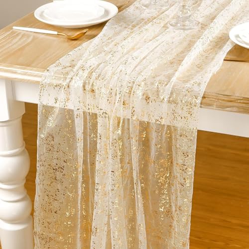 BSITSSS Chemin de Table Doré 75 x 400 cm, Tulle Chemin de Table Feuille d'or, Décoration de Table pour Célébrations Anniversaire Mariage Noël Bapteme...