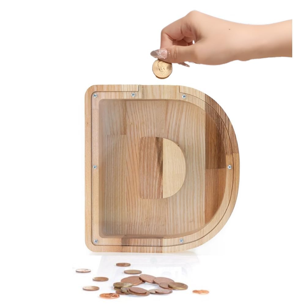 ANAIZA Wooden Alphabet Piggy Bank A to Z – Personalized Letter Coin Bank for Kids, Toddlers – Educational Montessori Toy – Durable Clear Front Money Box (D) 4
