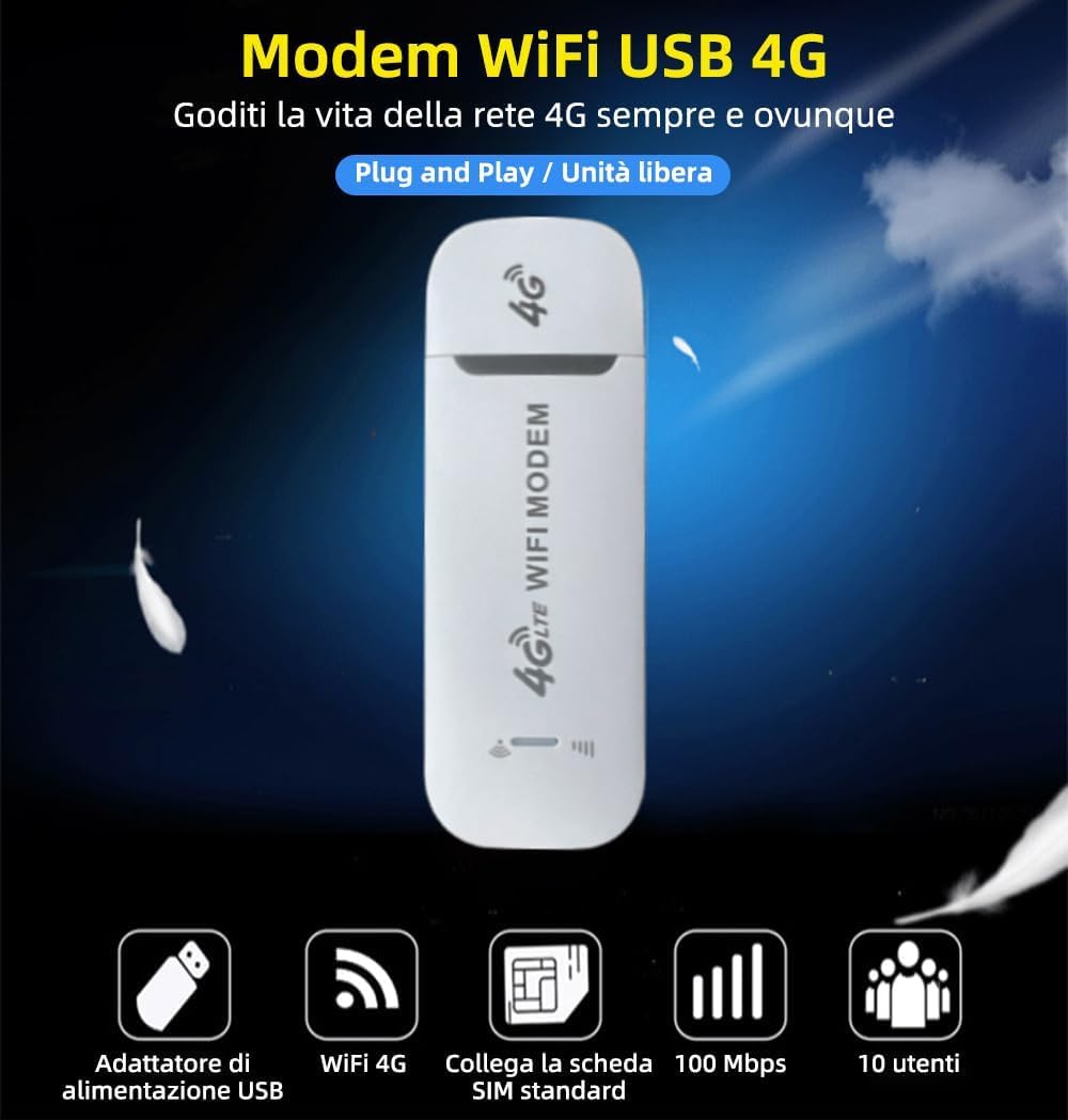 Modem Sim 4g LTE Wifi Portatile, Spina USB, Router Wireless con Supporto per Slot per Schede SIM, Supporto per Hotspot da Viaggio Portatile LTE B1/B3/B7/B8/B20/B38/B40/B41