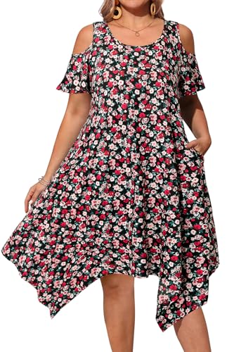 Image of Pinup Fashion Plus Size Summer Sundress Casual Flowy Cold Shoulder Dress | Breathable, scoop neck, handkerchief hem, side pockets, casual swing dress for beach, vacation,daily wear