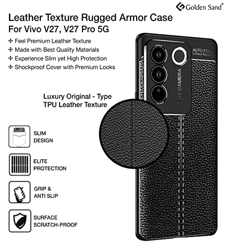Image of Golden Sand Vegan Leather Textured Back Cover Case Comaptible with Vivo V27 Pro (Shockproof TPU | Midnight Black)