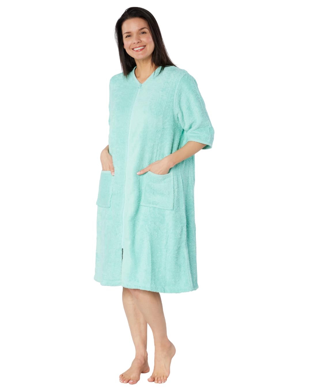 Suzy & Me Peignoir à manches 3/4 avec fermeture éclair 100 % coton pour femme | Manches 3/4, fermeture éclair, tissu éponge, 100 % coton