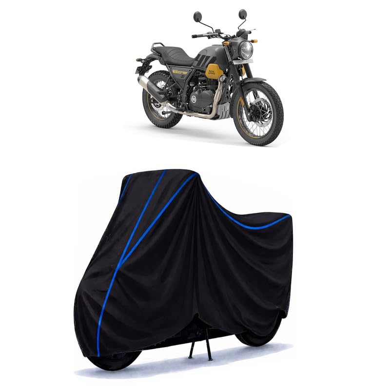 Image of Scram 411 Bike Cover Water Resistant Universal Motorcycle Rain | Heavy Duty UV Protection, Dust, Scratch Indoor Outdoor All Weather with Black Blue Piping Elastic