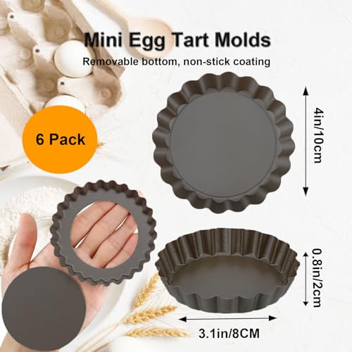 Image of 4 Inch Mini Quiche Pans Black 6 Pack. Egg Tart Molds w /Removable Bottom, Non-Stick Coating, Rugged Carbon Steel for Small Tart Quiche Pie Making. Gift for Women Christmas Thanksgiving Festival