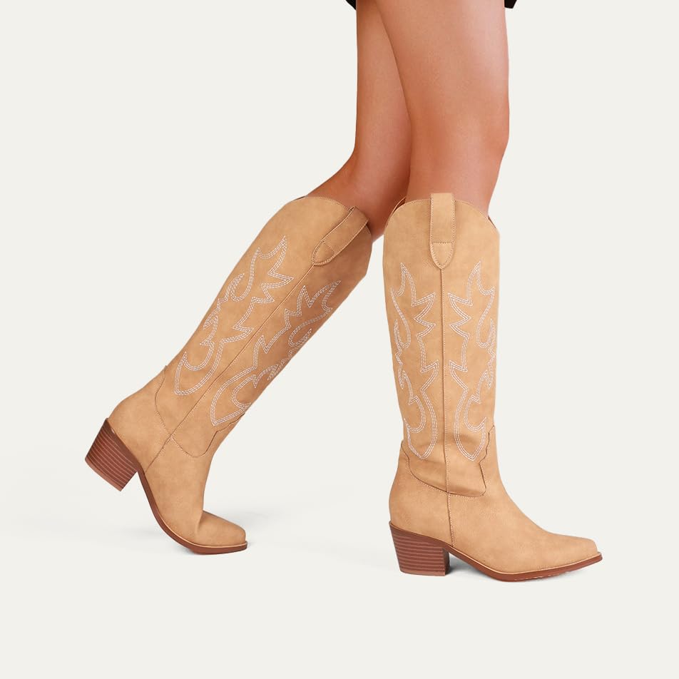 Image of Erocalli White Cowgirl Boot Cowboy Boots for Women Embroidered Pull-On Chunky Stacked Heel Knee High Western Boots