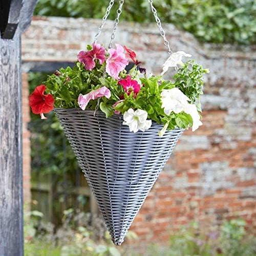 Garden Mile Slate Rattan Hanging Basket Outdoor Durable Basket For Garden Decorations, Patio Hanging Flower Planters - Weatherproof Garden Planter (Slate Cone, 3) โ image 1