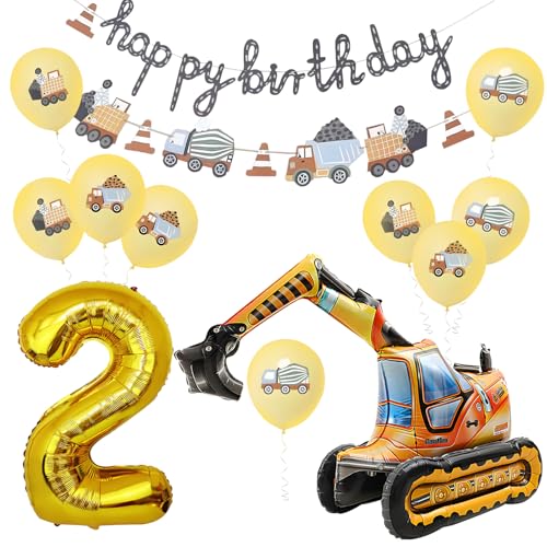 13 Peças Decoração de Aniversário de 2 Anos de Escavadora, Balão de Escavadora de 2 Anos, Balões de Látex de Veículos de Construção, Decoração de 2º Aniversário para Criança