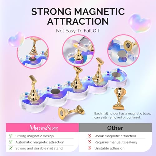 Image of MelodySusie Nail Stand for Press Ons, 2 Sets Blue Heart Shape Acrylic Magnetic Base for Practice Display with Brush Holder and 100 Pcs Reusable Double-Sided Tape for Home DIY Salon Supplies