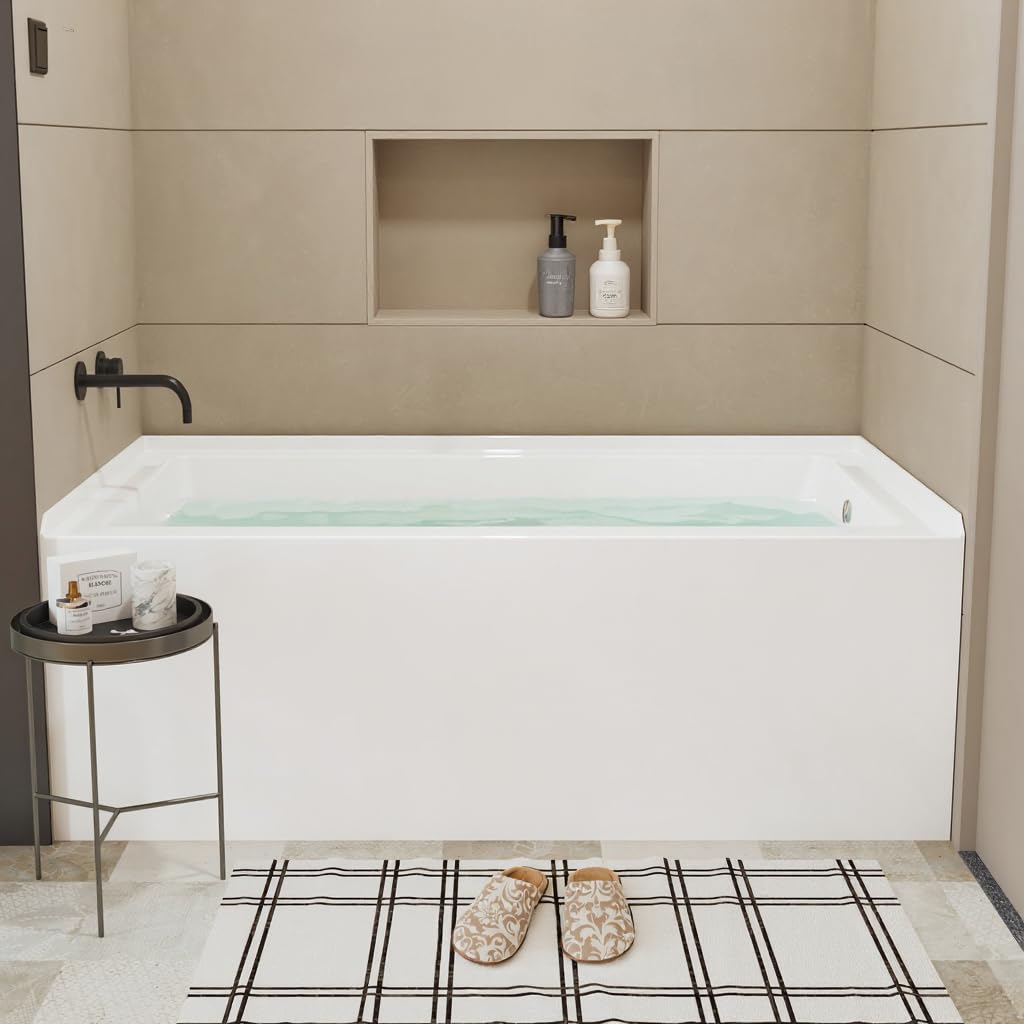 60"x32" Acrylic Alcove Bathtub with Integral Apron - Right Drain &amp; Brushed Nickel Pop-Up Drain - Glossy White Deep Soak Tub