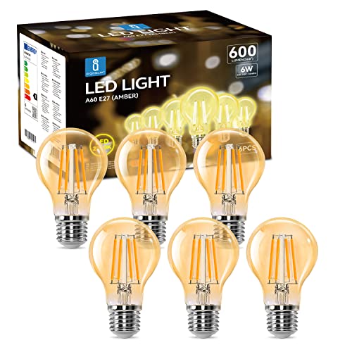 Aigostar - Bombilla LED E27 Edison, 6W Equivalente a 48W, Blanco Cálido 2200K, 600 Lúmenes, Bombilla LED Vintage Decorativa A60 de Filamento, No Regulable, Cristal ámbar, Pack 6