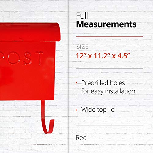 Image of NACH Mailboxes for Outside Wall Mount, 12 x 11.2 x 4.5 inch, Red Wall Mounted Mailbox, Waterproof Mailbox with Outdoor Newspaper Holder - The Euro Mailbox