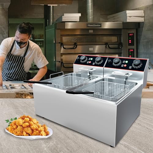 GarveeHome Commercial Deep Fryer with Basket, 8.4 QT/8 L Stainless Steel Electric Countertop Fryer with Double Tanks and Temperature Control for Restaurant and Home Use,1800 W+1800 W