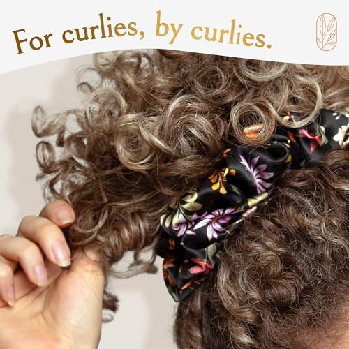 Image of Silk Scrunchies Ponytail Holders - Oversized Mulberry Silk Scrunchies - Extra Large No Damage Hair Ties for Curly, Thick, and Thin - Hair Accessories for Women - Midnight Blooms, XL By Curlfriend