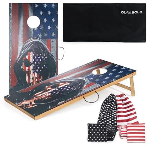 Cornhole Set, Corn Holes Outdoor Game, Regulation 2X4 Cornhole Boards, Portable Cornhole Set, Classic Skull American Flag Cornhole Set Includes 2 Boards, 8 Cornhole Beans Bags & Carry Case Cover
