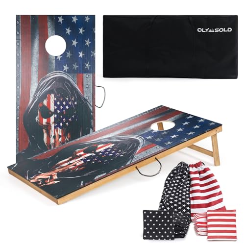 Cornhole Set, Corn Holes Outdoor Game, Regulation 2X4 Cornhole Boards, Portable Classic Skull American Flag Cornhole Set Includes 2 Boards, 8 Cornhole Beans Bags & Carry Case